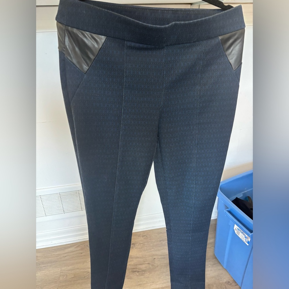 Collection Michel Studio Taylor Pants Blue Faux Leather Panels Stretch Trousers